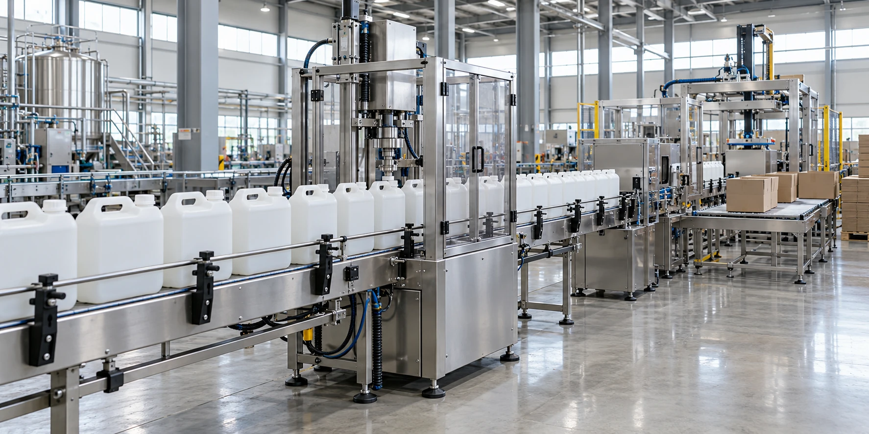Illustration of an inline capping and packing conveyor