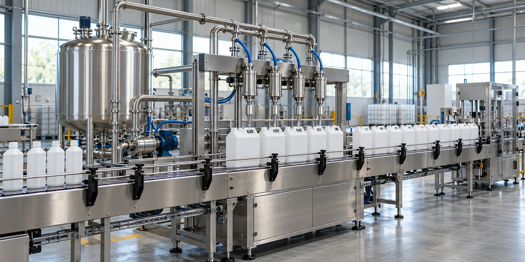 Illustration of a four-nozzle filling line with bulk cleaning-product packs