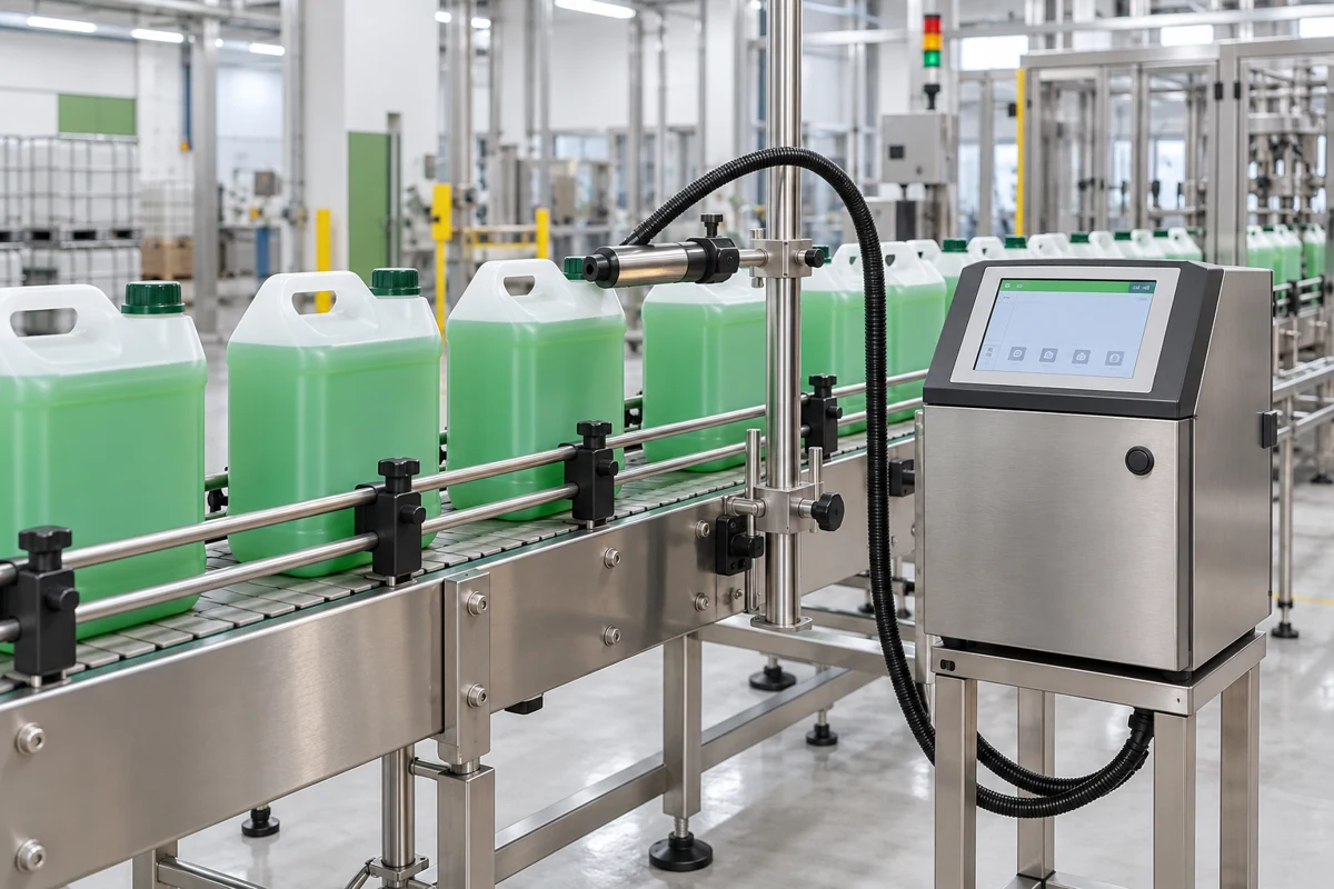 Representative illustration of MRP and batch coding equipment on a bulk-pack conveyor
