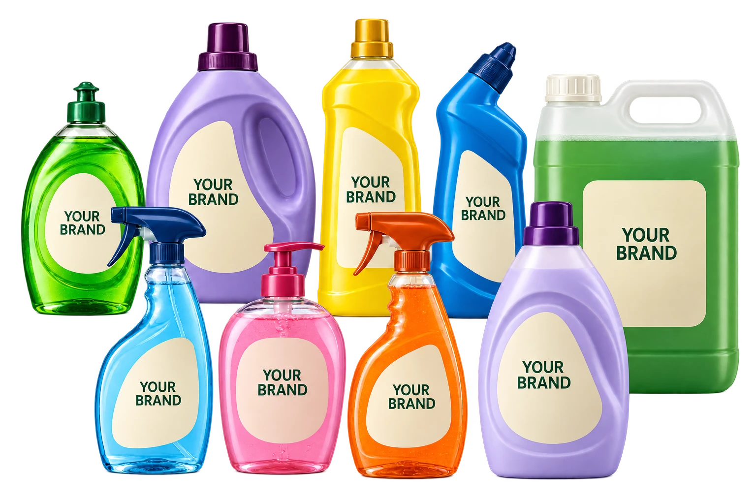 Illustrative collage of nine private-label cleaning products in retail and bulk formats